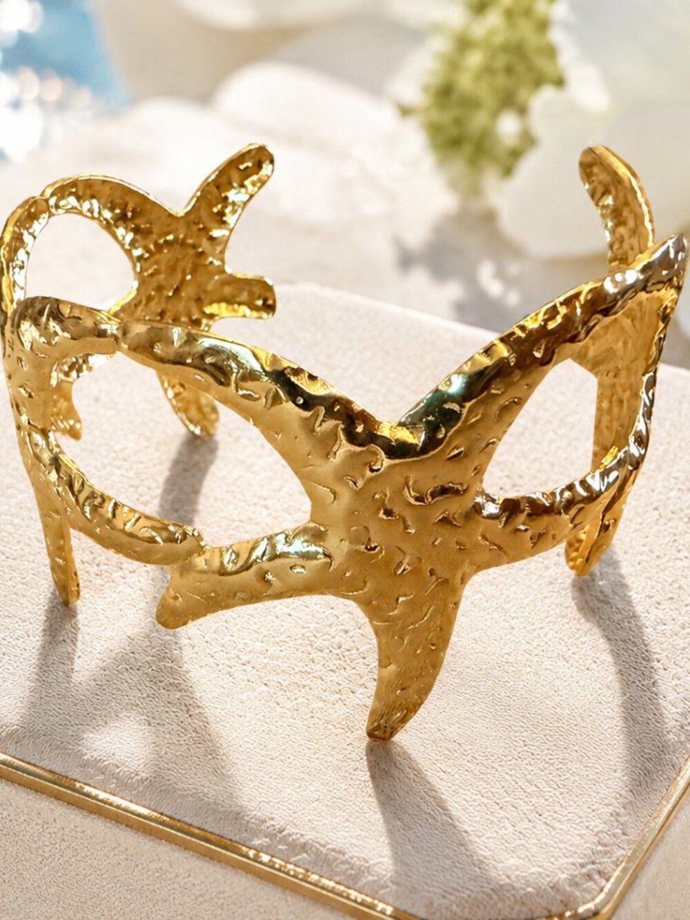 Gold Starfish Cuff Bracelet, Coastal Statement Bangle, Beach Jewelry, Ocean Insp